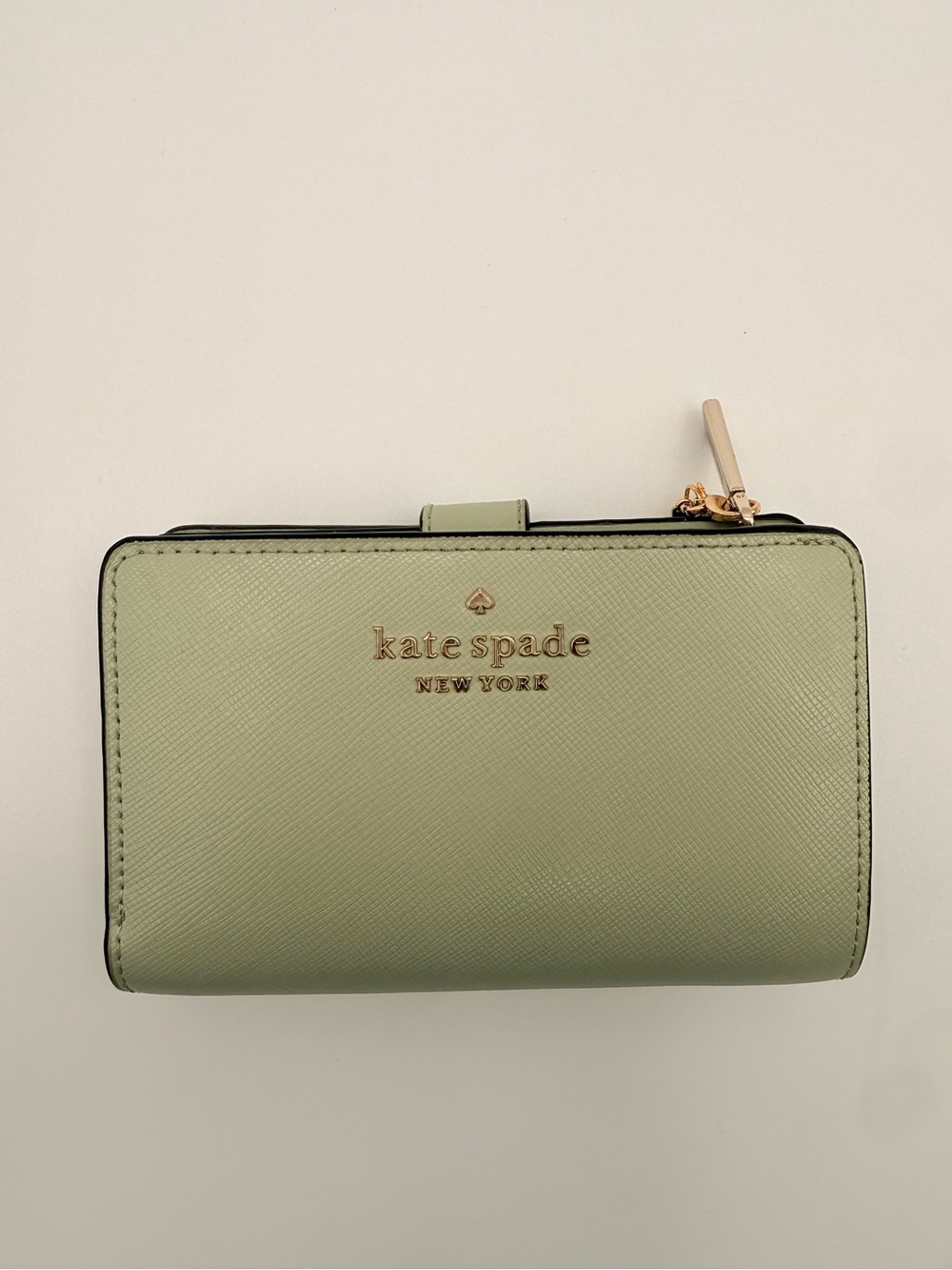 KATE SPADE Mint Green Saffiano Leather Bifold Zip Wallet Butterfly Charm